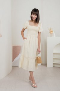 Journey Textured Smocked Midi Dress In Cream