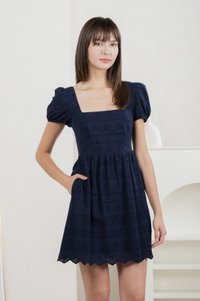 Sachi Eyelet Square Neck Dress In Navy