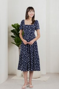Marigold Floral Ruched Midi Dress In Navy