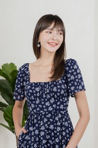 Marigold Floral Ruched Midi Dress In Navy