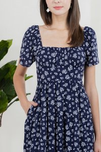 Marigold Floral Ruched Midi Dress In Navy