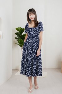 Marigold Floral Ruched Midi Dress In Navy
