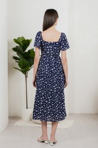 Marigold Floral Ruched Midi Dress In Navy