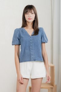 Delphine Denim Button V Neck Top (S)