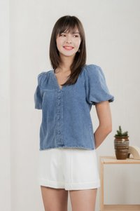 Delphine Denim Button V Neck Top (S)