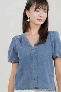Delphine Denim Button V Neck Top (S)