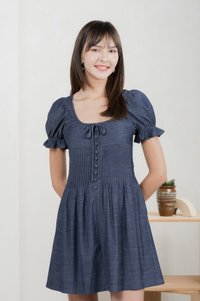 Bonita Ribbon Button Pleated Dress In Midnight Blue