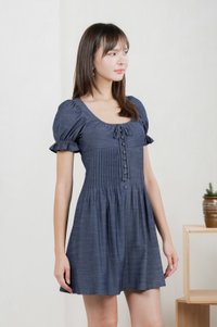 Bonita Ribbon Button Pleated Dress In Midnight Blue