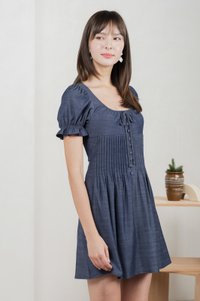 Bonita Ribbon Button Pleated Dress In Midnight Blue