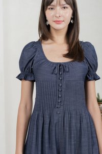 Bonita Ribbon Button Pleated Dress In Midnight Blue
