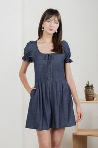 Bonita Ribbon Button Pleated Dress In Midnight Blue