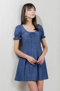 Bonita Ribbon Button Pleated Dress In Denim Blue