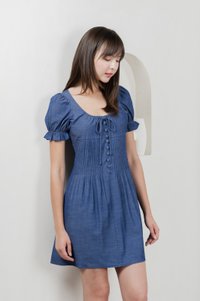 Bonita Ribbon Button Pleated Dress In Denim Blue