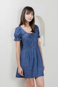 Bonita Ribbon Button Pleated Dress In Denim Blue