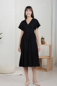Murphy Eyelet Button Midi Dress In Black