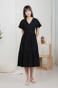 Murphy Eyelet Button Midi Dress In Black