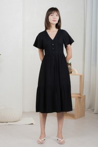 Murphy Eyelet Button Midi Dress In Black