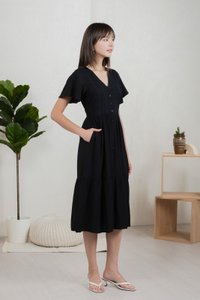 Murphy Eyelet Button Midi Dress In Black