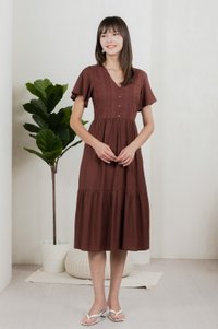 Murphy Eyelet Button Midi Dress In Brown