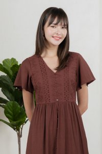 Murphy Eyelet Button Midi Dress In Brown
