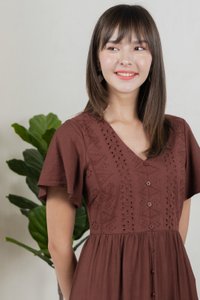 Murphy Eyelet Button Midi Dress In Brown