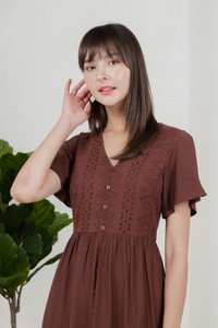 Murphy Eyelet Button Midi Dress In Brown