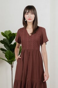 Murphy Eyelet Button Midi Dress In Brown