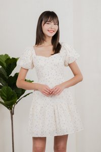 Gaia Floral Embroidery Empire Dress In Cream