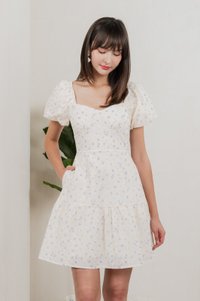 Gaia Floral Embroidery Empire Dress In Cream