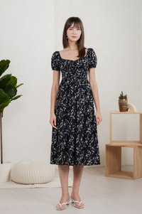 Tayra Floral Ruched Midi Dress In Black