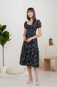 Tayra Floral Ruched Midi Dress In Black