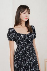 Tayra Floral Ruched Midi Dress In Black