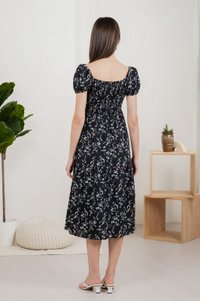 Tayra Floral Ruched Midi Dress In Black