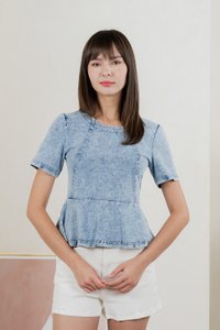 Diamond Denim Peplum Top In Acid Wash