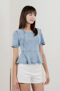 Diamond Denim Peplum Top In Acid Wash