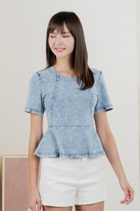 Diamond Denim Peplum Top In Acid Wash