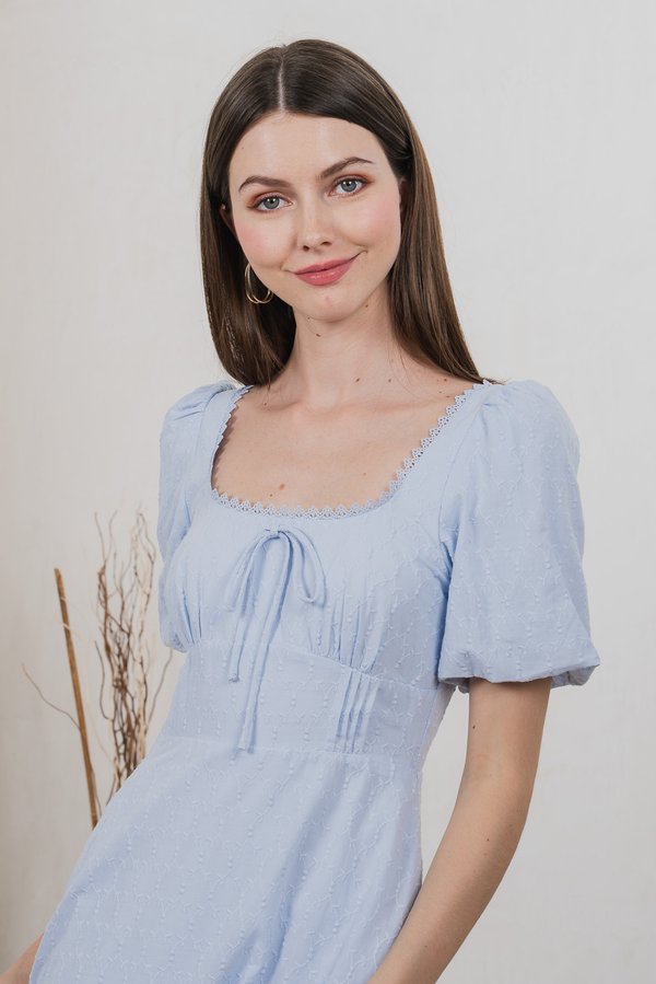 Vicky Embroidery Ribbon Midi Dress In Blue
