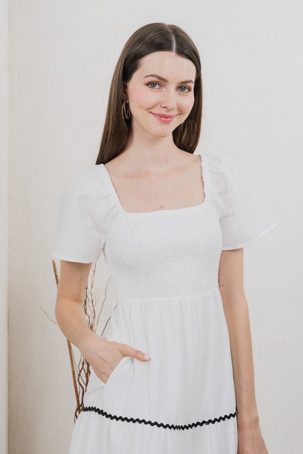 Tavia Smocked Tiered Midi Dress In White