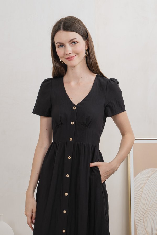 Bronte Empire Button Midi Dress In Black (XS)