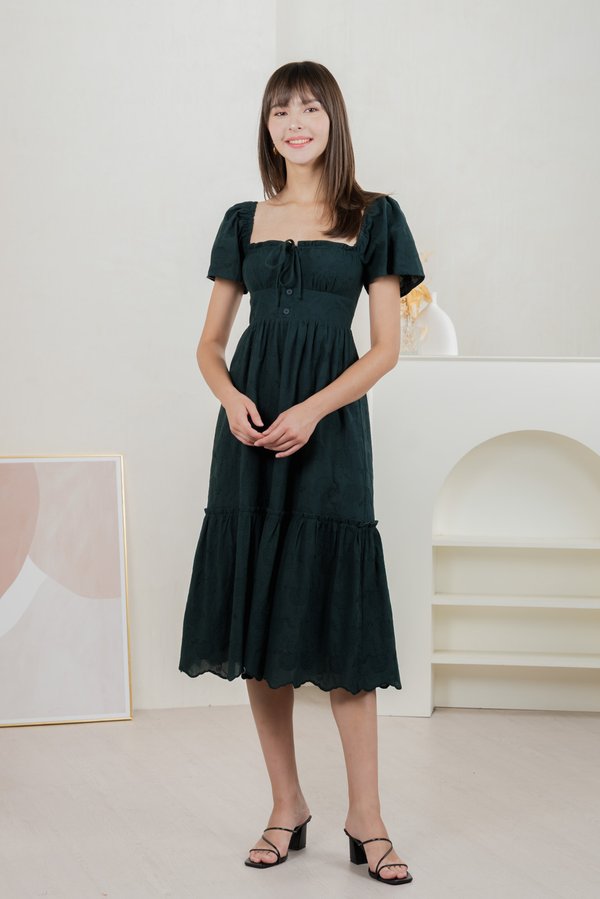 Brilliant Broderie Ribbon Midi Dress In Emerald