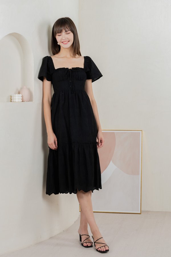 Brilliant Broderie Ribbon Midi Dress In Black