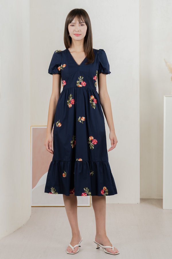 Foxglove Floral Embroidery Midi Dress In Navy (XS)