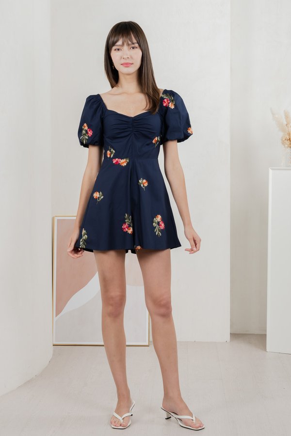 Foxglove Floral Embroidery Romper In Navy (XS)