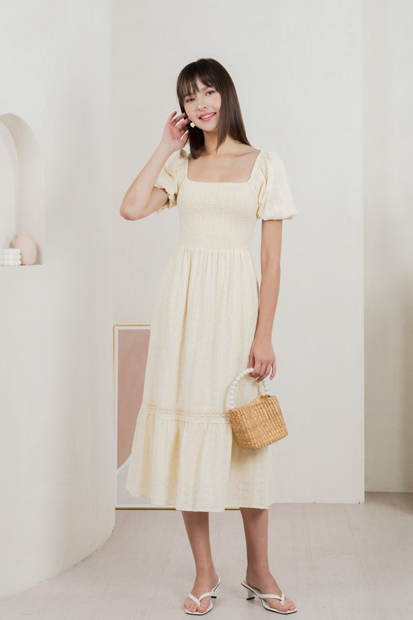 Journey Textured Smocked Midi Dress In Cream