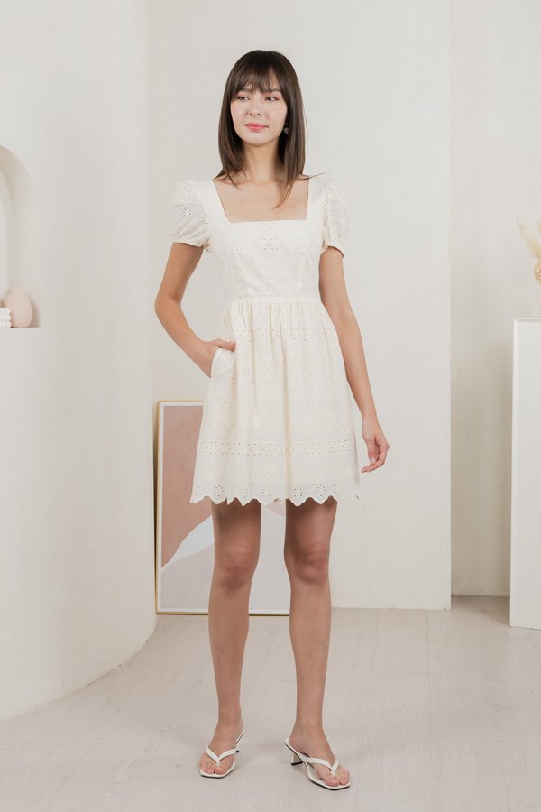 Sachi Eyelet Square Neck Dress In Cream