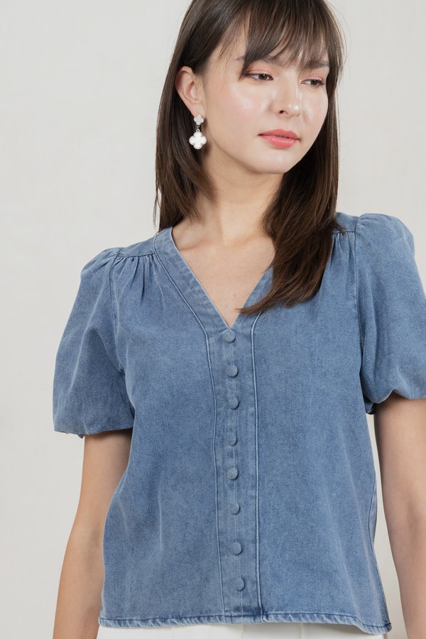 Delphine Denim Button V Neck Top (S)