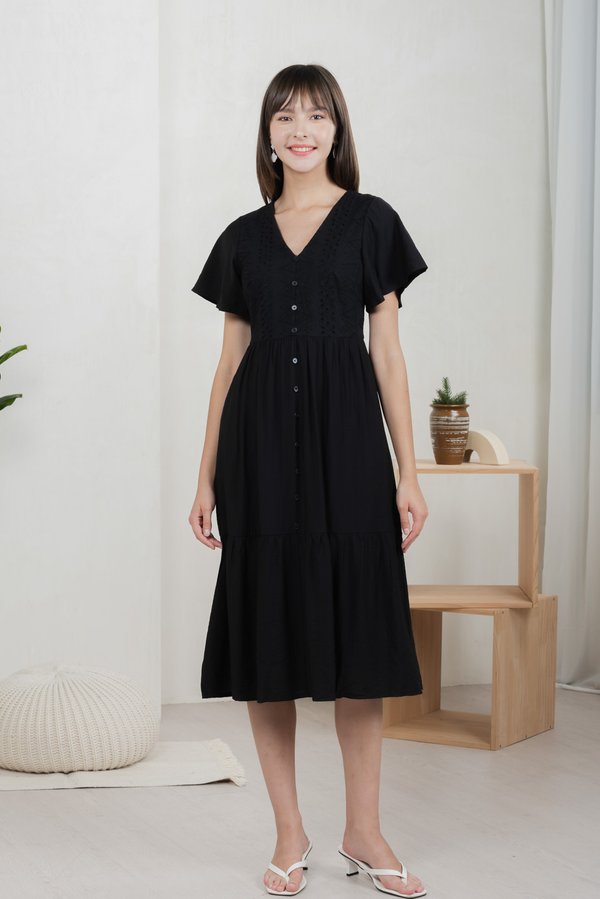 Murphy Eyelet Button Midi Dress In Black