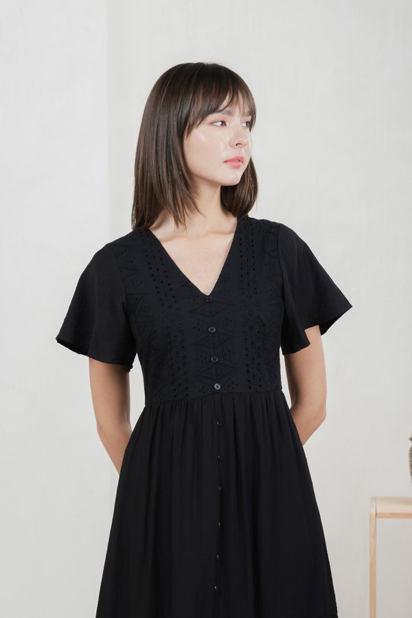 Murphy Eyelet Button Midi Dress In Black