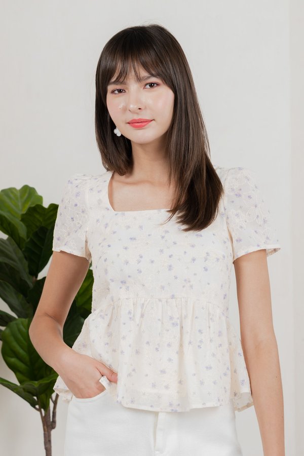 Gaia Floral Embroidery Babydoll Top In Cream (XS)