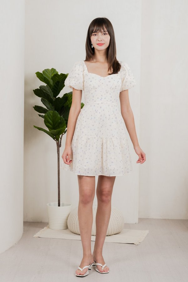 Gaia Floral Embroidery Empire Dress In Cream